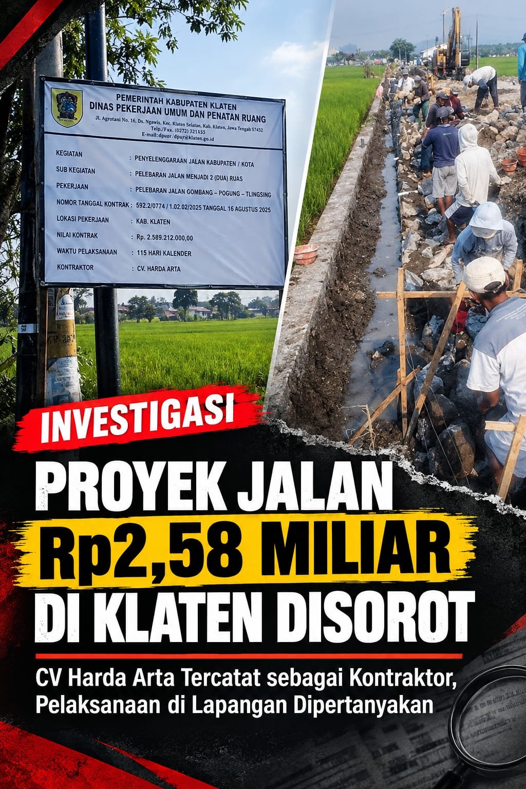Proyek Pelebaran Jalan Rp2,58 Miliar di Klaten Disorot, Pemenang Tender CV Harda Arta Diduga Bukan Pelaksana di Lapangan!